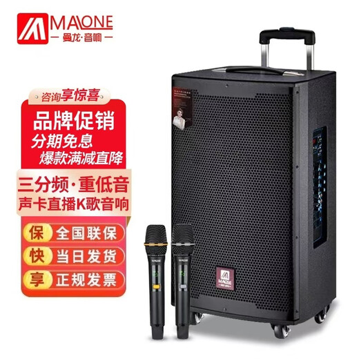 MALONE outdoor audio Bluetooth live broadcast K song square dance portable trolley speaker three-way subwoofer with sound card wireless microphone amplifier M10-inch lead-acid battery + dual microphone + gift