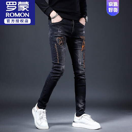 
ROMON European station embroidered jeans men's trend spring and autumn new slim elastic small feet casual straight men's pants black 6622 calves 31