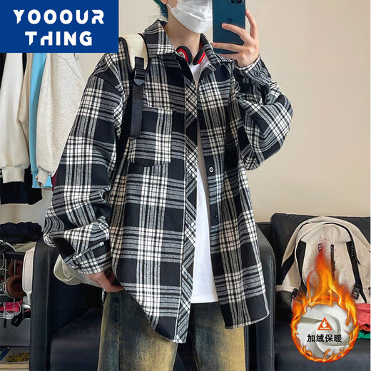 YOOOURTHING美式复古格子衬衫男长袖春秋冬加绒加厚宽松情侣百搭休闲衬衣外套 CJ9735-绿格 加绒 L (建议110-130斤)