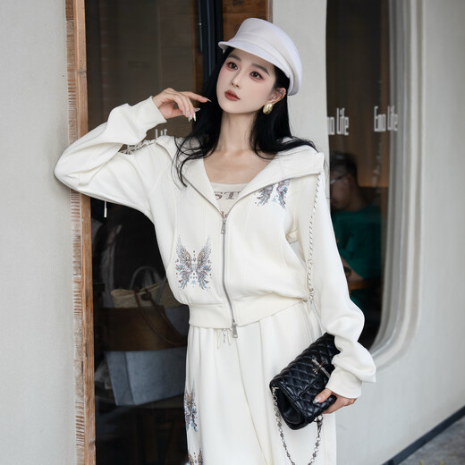 TCH Light Luxury Trendy Brand Fashion Hot Diamond Simple Style Versatile Slim Casual Hooded Jacket Suit Women T75C07E1030 Beige S 95-110Jin Jin is equal to 0.5 kg