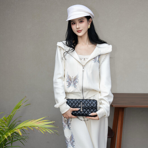 TCH Light Luxury Trendy Brand Fashion Hot Diamond Simple Style Versatile Slim Casual Hooded Jacket Suit Women T75C07E1030 Beige S 95-110Jin Jin is equal to 0.5 kg