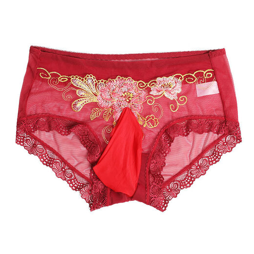 Universal adult men's underwear, perverted men's fully transparent embroidered briefs with cover, sexy U-shaped pouch, large pink M size, cover opening 80-110Jin Jin is equal to 0.5 kg