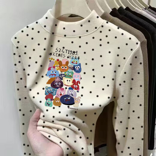 Girls' German velvet long-sleeved T-shirt in autumn and winter for older children, cartoon polka-dot half turtleneck top, warm inner layering shirt, apricot hello Hello Kitty 110