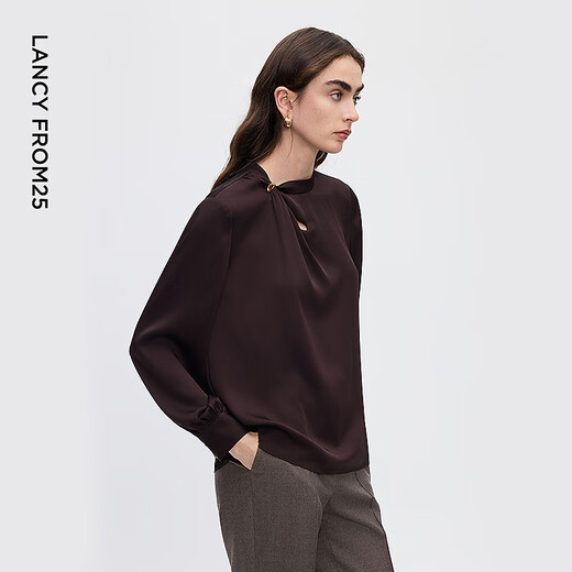 Langzi Pinch-pleat Hollow Design Shirt Fashionable Drape Commuting Metal Button Shirt 2025 Winter New Style Chocolate Color XL
