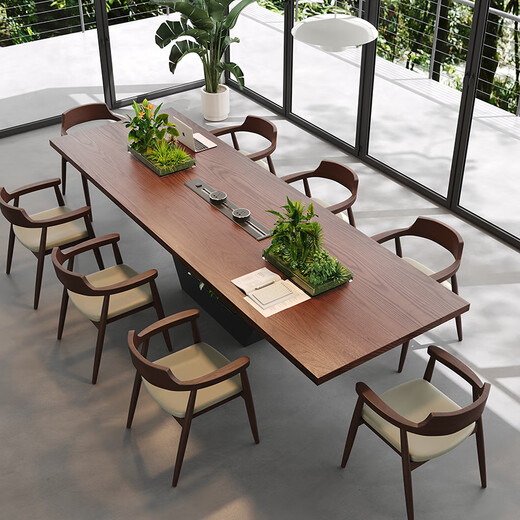 Oscarden large conference room table and chair combination, light luxury and high-end solid wood large table workbench with planter slots and embedded sockets, one table and ten chairs, 3m table + Hiroshima chairs*10