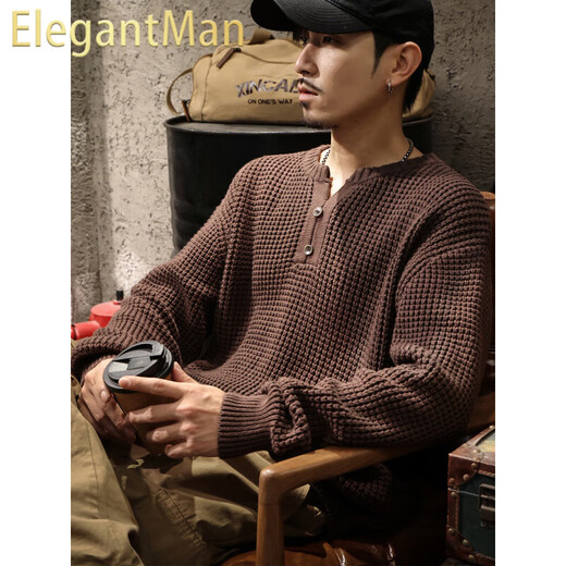 ElegantMan American retro heavyweight sweater for men in autumn and winter thickened tough guy Henry collar sweater brown sweater jacket brown M _ suitable for -125Jin Jin equals 0.5kg