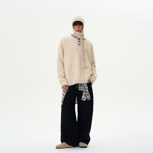 Xiaohongshu's popular American niche design Henley collar sweater for men and women, loose and lazy atmosphere, round neck wool, black, M, one size fits all