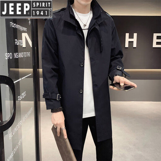 JEEP SPIRIT, мужская ветровка средней длины, осень-зима 2025, новое повседневное пальто с лацканами, свободное деловое красивое пальто в корейском стиле, черное M