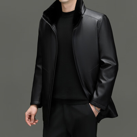 KINGBOX Genuine Leather Down Jacket Men's Medium Long Stand Collar Leather Jacket Mink Fur Collar Removable Liner Large Leather Jacket Flagship Official Black Black Fur Collar L 175 120-135Jin Jin is equal to 0.5 kg