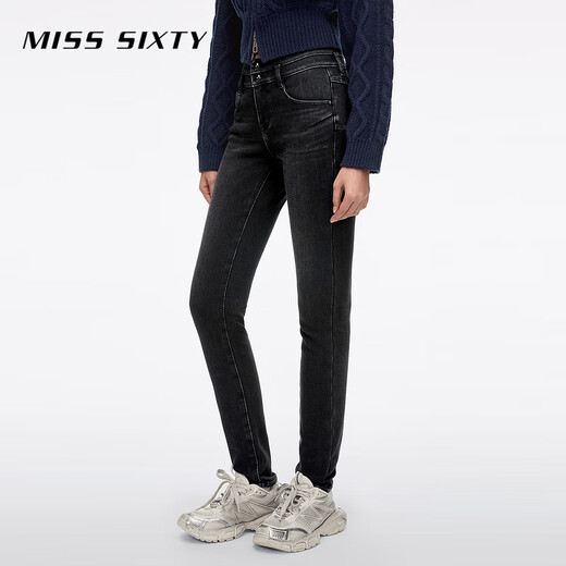 MISS SIXTY2025 Winter New Composite Velvet Jeans Women's Double Button Waist Slimming Small Foot Pencil Pants Black Gray 27