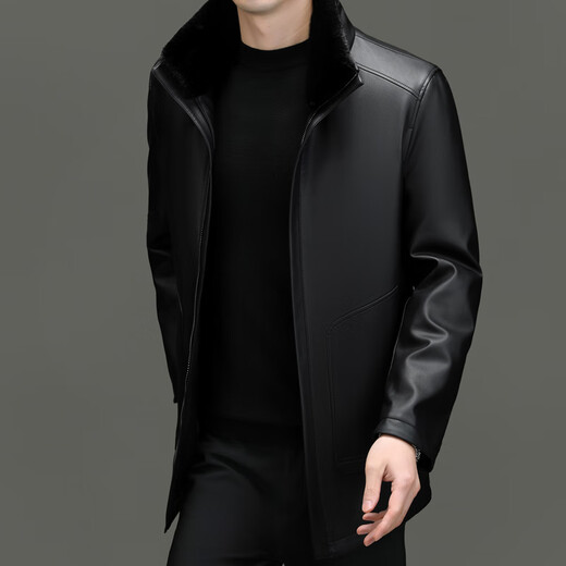 KINGBOX Genuine Leather Down Jacket Men's Medium Long Stand Collar Leather Jacket Mink Fur Collar Removable Liner Large Leather Jacket Flagship Official Black Black Fur Collar L 175 120-135Jin Jin is equal to 0.5 kg