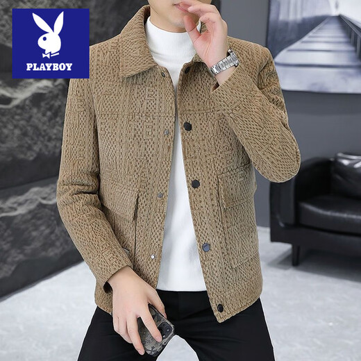 Playboy winter velvet thickened jacket men's trendy and handsome slim fit lapel casual short woolen windbreaker jacket apricot velvet XL recommended 130-150Jin Jin equals 0.5 kg
