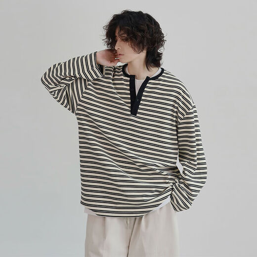 Yichen YICHEN Spring New Henley Striped Long Sleeve T-shirt Half Open Collar Thin Sweatshirt for Men and Women White S S