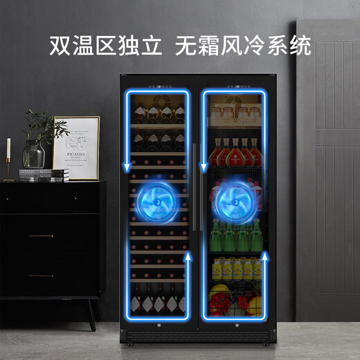 TYLZA double-door red wine cabinet ice bar large capacity thermostatic cabinet can be embedded in air-cooled frost-free dual-temperature household wine and tea refrigerator villa commercial display cabinet TW-418 1.91m high left wine cabinet + right wine cabinet