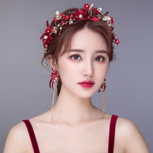 QBILY 新娘头饰 结婚红色发箍婚纱发饰中式敬酒服森系礼服配饰女秀禾服 红色【发箍+耳环】耳夹款
