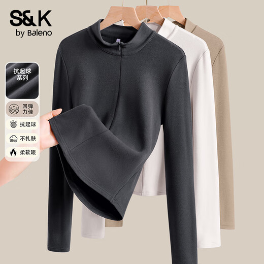 Baleno S&K Series Thin Velvet Bottoming Shirt Women's Black Jacket 7A Antibacterial Warm Top Top Half Open Collar Long Sleeve Dark Gray #Solid Color M