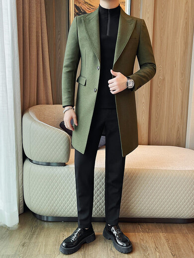 SUSTYLE международное легкое шерстяное пальто люксового бренда с воротником, мужская зимняя элитная модная тонкая ветровка средней длины, куртка зеленого цвета XL (140-155Jin Jin равна 0,5 кг)