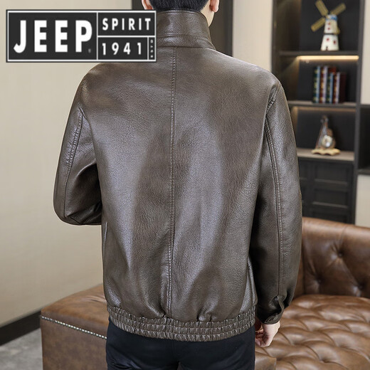 JEEP SPIRIT Jeep fake two-piece leather jacket men's fur one-piece plus velvet thickened jacket Pishuai 2025 new winter motorcycle 98815 coffee color L about 90-110 Jin Jin equals 0.5 kg can be worn