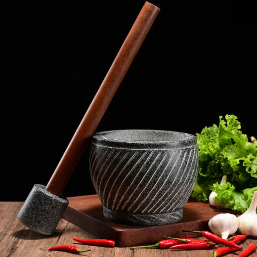 Extra large rice cake making garlic pounder stone garlic mortar grinder stone nest making rice cake peeling garlic garlic press pair nest Shandong gray polished diameter 20 cm bowl with wooden hammer