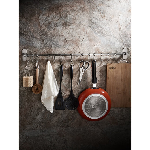 Moenercheng kitchen hanging rod hook 304 stainless steel hanging pot spatula spoon kitchen utensil hanging rack no punching with hook single rod storage rack Yahei nail-free installation 59cm-10 hooks