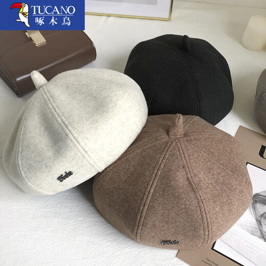Woodpecker beret women's autumn and winter new octagonal painter hat casual versatile newsboy hat retro British hat fashion woolen style off-white one size (56-58cm)