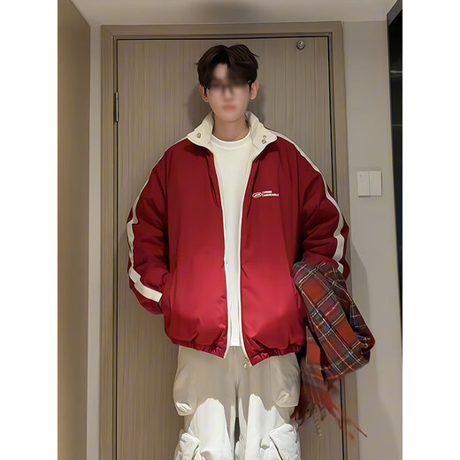 Katuchi American double-sided down cotton jacket men's winter thickened warm cotton coat handsome contrasting color short bread coat bull red + off-white double-sided cotton jacket version XL