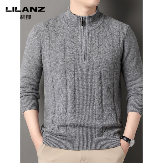 Lilang 520g thickened pure wool sweater men's half-high zipper collar jacquard sweater middle-aged dad wear thick woolen needle medium gray thickened 4XL (190)