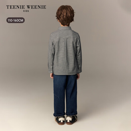 Teenie Weenie Kids 26th New Year Boys Classic Plaid Long Sleeve Lapel Shirt Black 140 cm