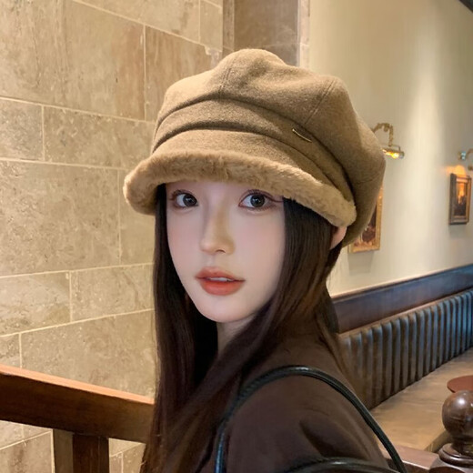 Pierre Cardin British retro fisherman hat octagonal hat women's autumn and winter warm beret plus down duck tongue Japanese ear protection versatile 8979-Coffee One size fits all 55-60 head circumference