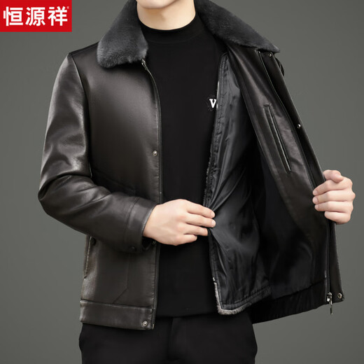 Hengyuanxiang Men's Leather Jacket with Velvet and Thickened Winter Fur All-in-one Removable Liner Dad Thickened Leather Jacket Jacket Black M 170 Recommended 95-115Jin Jin is equal to 0.5kg