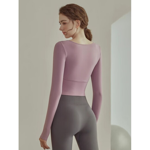 COZOK high-end autumn and winter yoga clothing suit for women new running sports fitness top long-sleeved Pilates training clothing honey pomelo pink + sea rock gray S