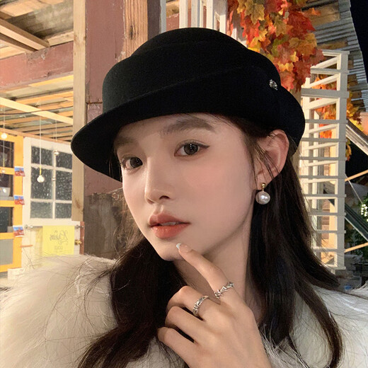 Winter hat for women, autumn wool felt hat, hiking warm hat, knight wide brim dome fisherman basin, classic black, one size fits all, 54-58cm