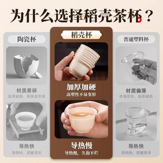 JCZS German brand disposable tea cup rice husk kung fu tea cup thickened high temperature resistant household travel tea cup portable rice fragrant cup 4 packs/200 pieces with dustproof cup holder