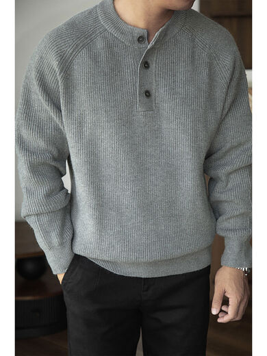 American heavyweight widened frame feeling 7 knitting henley sweater anti-wrinkle warm men's autumn and winter matte blue gray S S