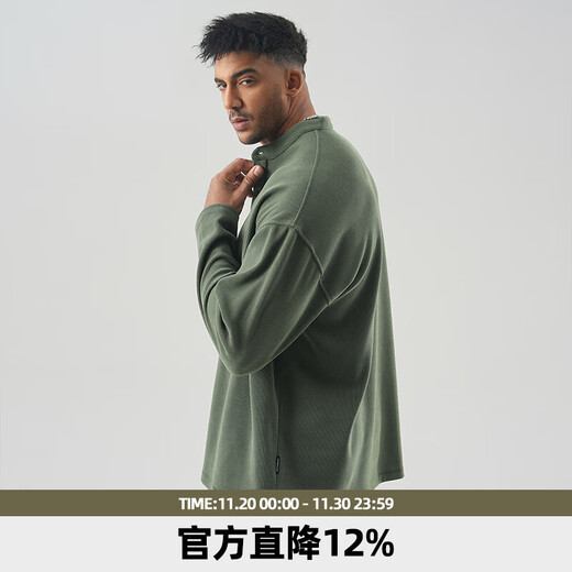 BD.POWER UP+ Autumn Henley collar long-sleeved sports T-shirt for men simple solid color textured pullover bottoming shirt for men loose black T-shirt S within 60kg