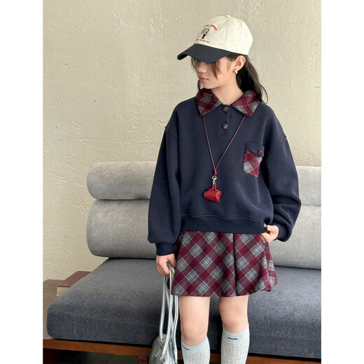 Montagut children's clothing girls college style velvet suit winter new thickened lapel sweatshirt + pleated skirt two-piece set
