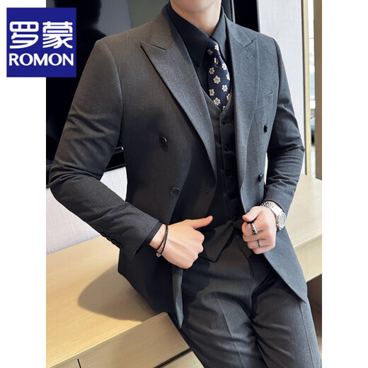 ROMON British style double-breasted suit men's suit business casual formal dress groom wedding dress three-piece suit 8 black double-breasted suit + trousers + vest XL (125-140Jin Jin equals 0.5 kg)