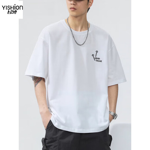 YISHION heavyweight pure cotton short-sleeved T-shirt men's summer loose casual top American fashion brand embroidered round neck 6211 coffee regular M suitable for 110-130Jin Jin equals 0.5 kg
