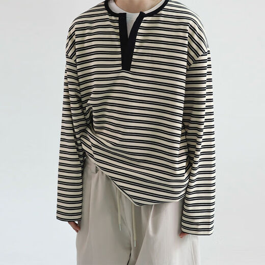 Yichen YICHEN Spring New Henley Striped Long Sleeve T-shirt Half Open Collar Thin Sweatshirt for Men and Women White S S