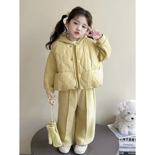 NACJOM Girls' Velvet Thickened Suit Autumn and Winter 2025 New Children's Fashionable Wear Baby Girl Winter Vest Three-piece Set Pink 90 cm