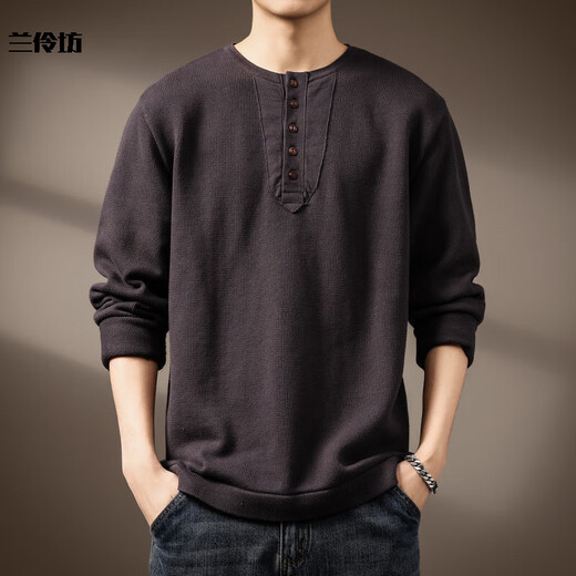 Lanlingfang American tough guy retro Henry collar sweater for men 2025 spring and autumn new high-end heavyweight casual bottoming sweater for men classic coffee S_suitable for 90-110Jin Jin is equal to 0.5 kg