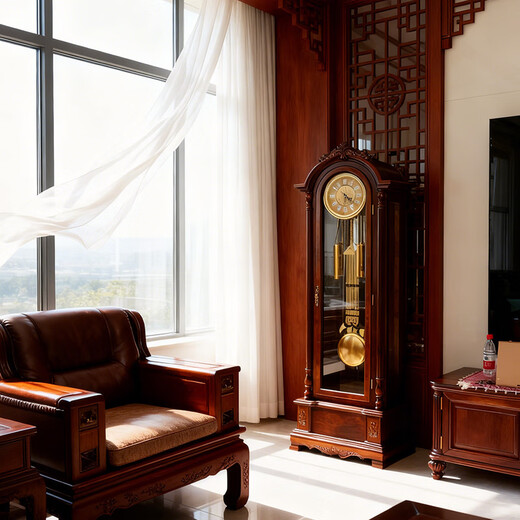 Honghe Tianyuan place solid wood floor clock with official hat for villa living room high-end pendulum clock and hall clock with flowers on the bottom. Mahogany color, basswood, pattern on the base. Polaris upgraded movement 40 days, sledgehammer swing more grand.