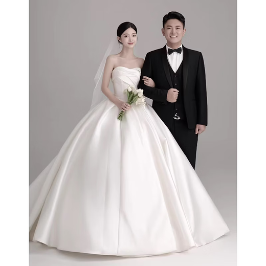 SHANDONGSHAONV French simple light wedding dress bride 2025 new satin main yarn texture small trailing main yarn simple floor-length wedding dress three-piece set M