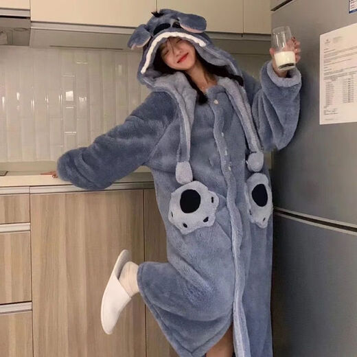 TULX large size pajamas 200Jin Jin is equal to 0.5kg Stitch Cartoon Autumn and Winter Coral Velvet Long Nightgown Couple Internet Celebrity Style Pajamas for Men Blue Stitch Unisex Style 2XL 170-200Jin Jin is equal to 0.5kg High Quality Velvet