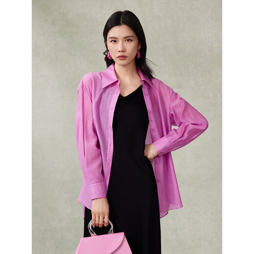 Pink Blue Wardrobe 2024 Spring and Summer i New Tiansi Corrugated Cloud Smoke Gauze Loose Long Sleeve Shirt for Women 5A2C983 Morning Pink XL
