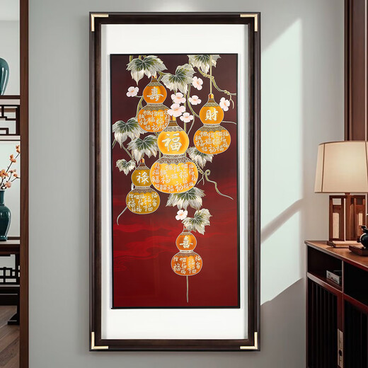 Yusenyi Five Blessings at the Door Entrance Porch Bronze Decoration Painting Hand-carved Brass Copper Plate Painting High-grade Walnut Frame Painting Five Blessings at the Door 70*140cm Requires a power cord socket on the wall to add LE lights Brass painting core hand-engraved + high-definition high-transparency tempered glass