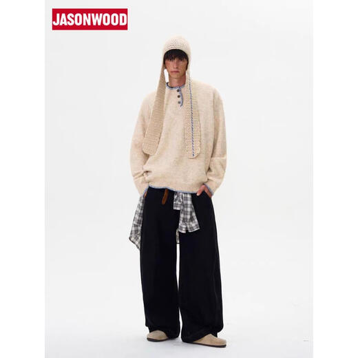 JASONWOOD Retro Atmosphere Knitted Sweater Men's American Niche Design Henley Collar Lazy Sweater Apricot Quality Upgrade M 160-170CM 90-115Jin Jin is equal to 0.5 kg