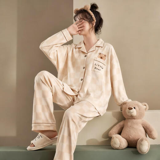 Bo Na Ling couple pajamas for one man and one woman, summer and autumn cardigan long-sleeved trousers, casual men and women can wear pajamas, home clothes set, couple pajamas bear style, men's XL