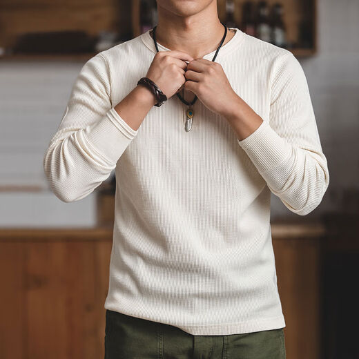Madden workwear American retro heavyweight waffle henley shirt Ami khaki inner bottoming long-sleeved T-shirt men's autumn off-white S S