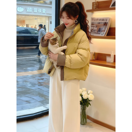 Lu Wang Lian Xue Korean Contrast Color Down Cotton Jacket Women's Winter 2025 New High-end Western Style Small Short Thickened Cotton Jacket Yellow M 105-120Jin Jin is equal to 0.5 kg